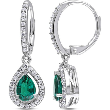 1-7/8 Carat T.G.W. Created Emerald and Created White Sapphire Sterling Silver Teardrop Leverback Earrings