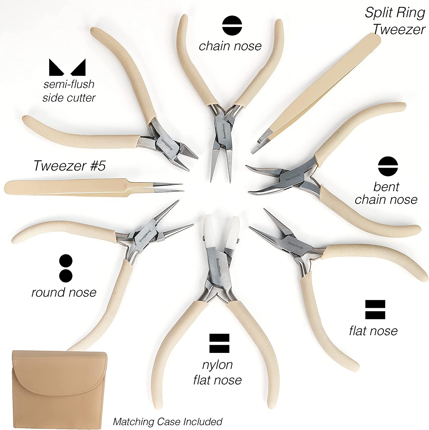 Beadsmith 8 Piece Jewelry Making Plier Set - Beige Color Coordinated Carrying Case