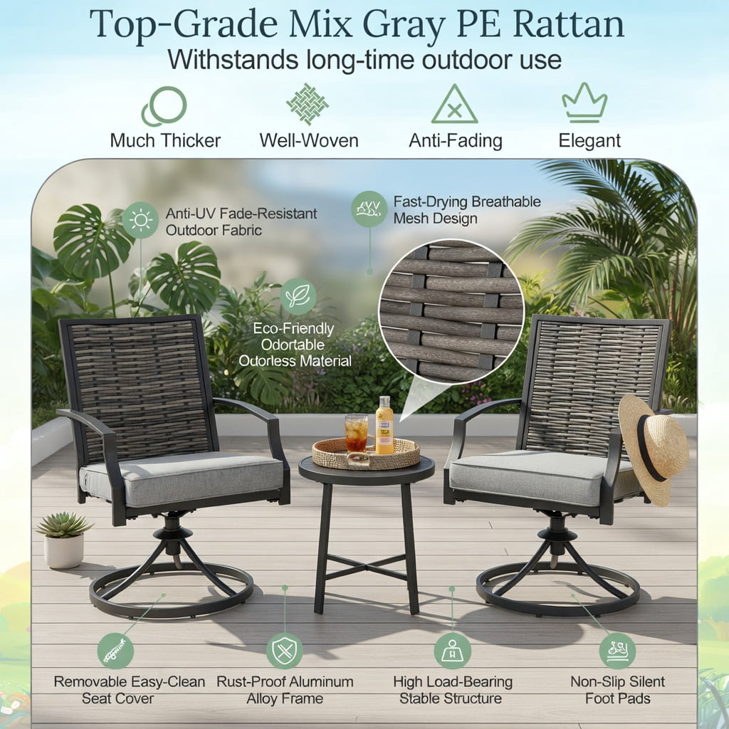 Hommoo 3-Piece Outdoor Swivel Patio Chair Set with Cushions, PE Rattan & Metal Frame, Includes Coffee Table for Backyard, Deck or Garden, Gray