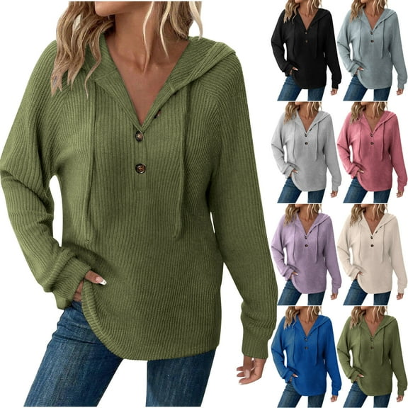 Loopsun Womens Winter Tops, Hooded Sweatshirts for Women, Women's Casual Comfortable Solid Hooded Long Sleeve Sweatshirt Top with Buttons Gray, L
