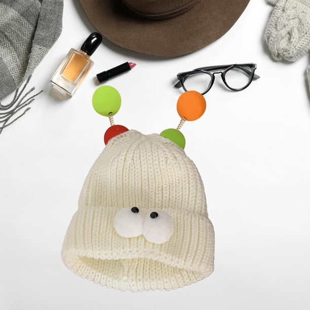 Gorro Tejido Pequeño Monstruo con Ojos de Dibujos Animados Salvador Gorro de Invierno para Mujer Beige Blanco