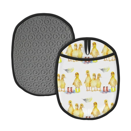 

2pcs Silicone Pot Mat Mitten Heat-Resistant Quilted Liner Oven Hot Pads With Pockets For Women Men Kitchen Cooking Bbq Baking Cute Yellow Ducklings Animal Duck Feathers Boots