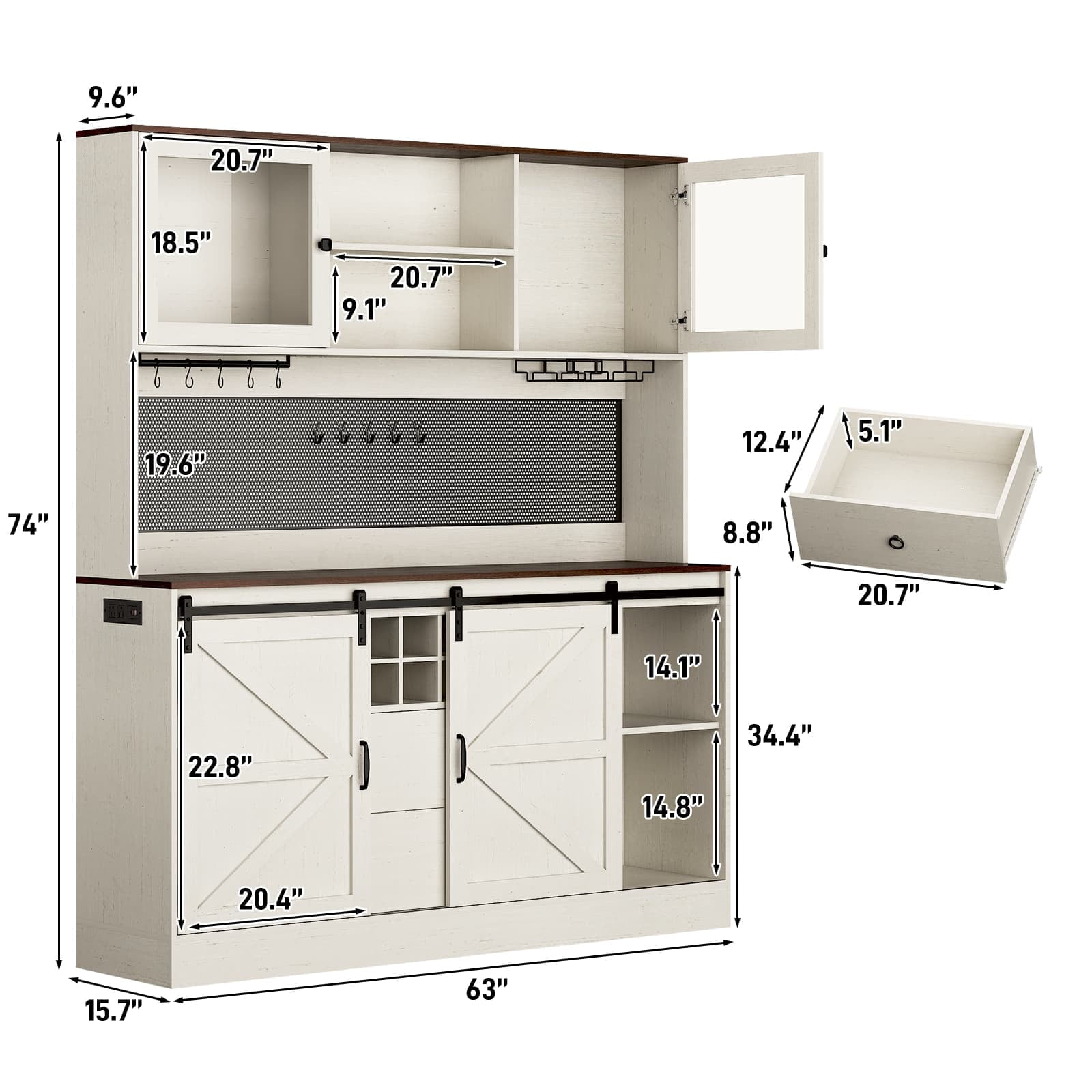 74" Farmhouse Kitchen Pantry Storage Cabinet with LED Light & Charging Station, 63" W Coffee Bar Cabinet Kitchen Cupboard with Hutch and Sliding Barn Doors, Pegboard
