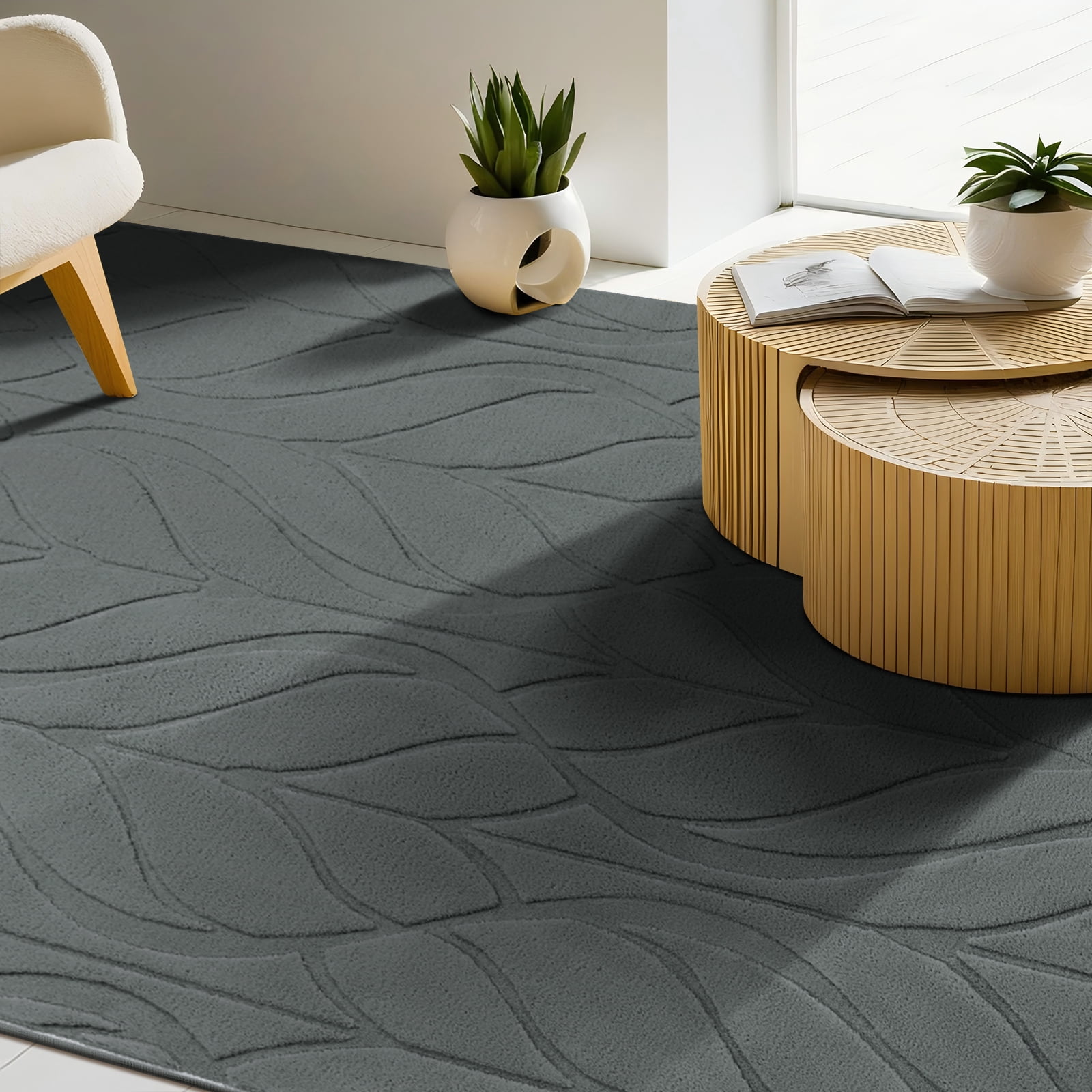 MeyJey 5'x8' Shag Area Rug for Living Room Modern High-Low Cut Machine Washable Rugs for Bedroom Dinning Room Office Decor Non-Slip Soft Carpet, Gray