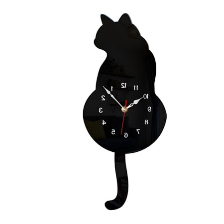 DESIGNICE Cat Wall Clock 17 Inch with Wagging Tail Pendulum, Silent Non-Ticking Quartz Movement, Modern Minimalist Black Acrylic Animal Clock for Kitchen Living Room Bedroom Home Decor