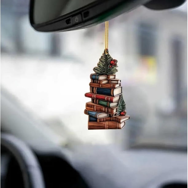 1 pieza de colgante de acrílico con forma de libro de árbol de Navidad en 2D para amantes de los libros de Navidad, colgante para espejo retrovisor interior del coche, accesorios exquisitos para