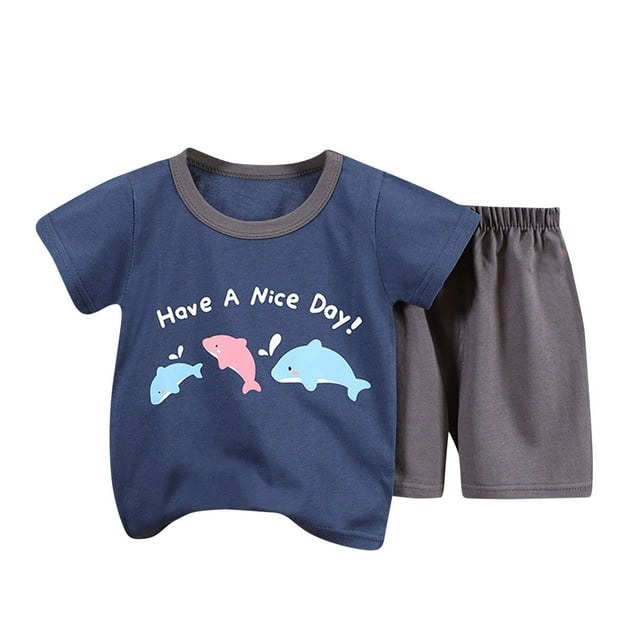 Ensemble Été Garçons Filles Vêtements Imprimés Animaux Manches Courtes Col Rond T-Shirt + Shorts Taille Élastique 2 Pcs Tenue Extérieure Confortable Bleu Foncé 6-9 Mois