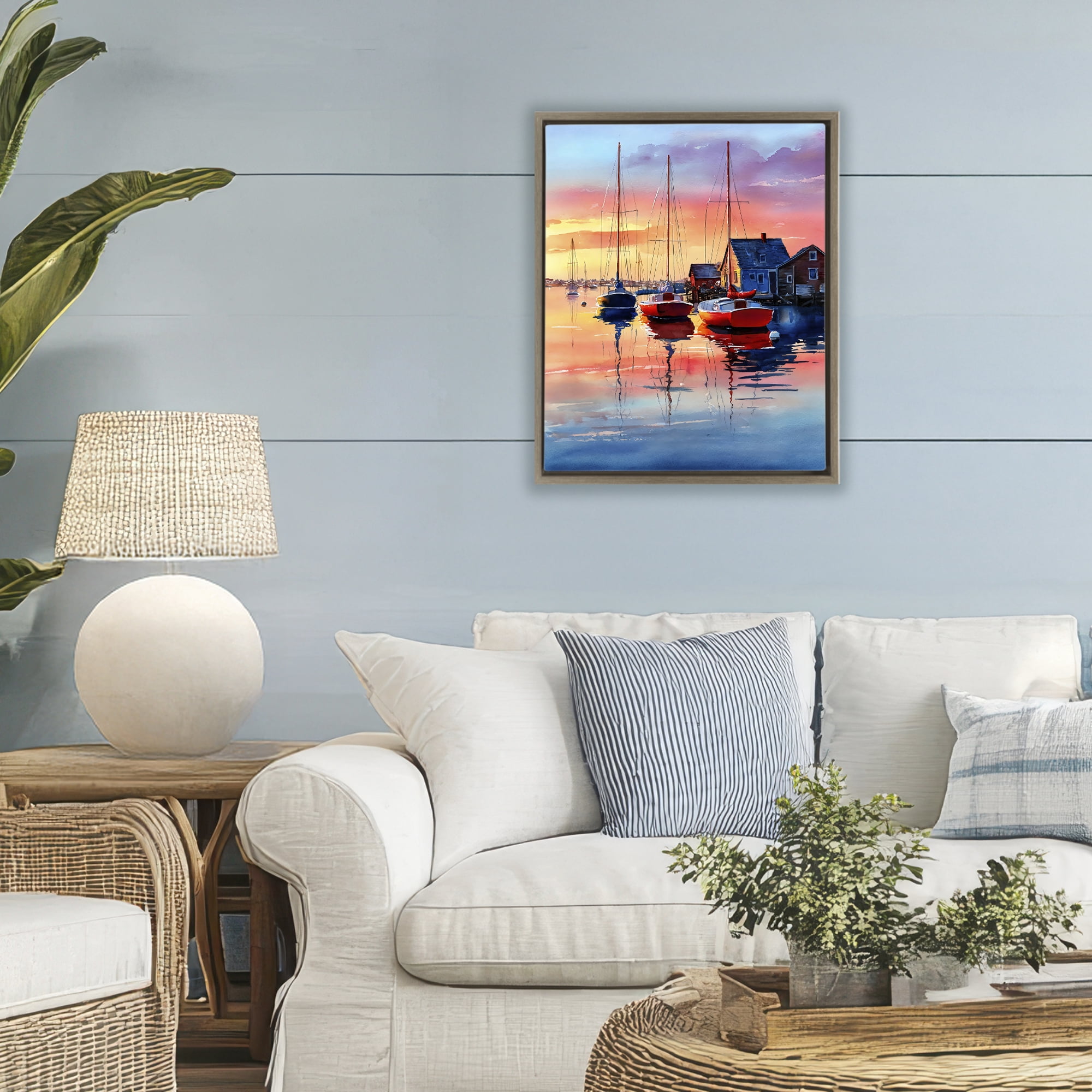 Stupell Industries Vivid Sunset at Docks Brown Framed Floater Canvas Wall Art, design by Franklyn Gregory