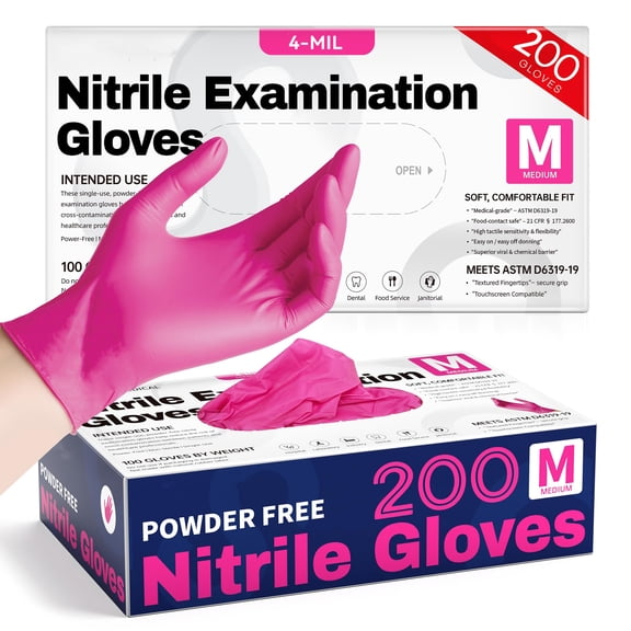 Greenpod Nitrile Disposable Exam Gloves, 4Mil 200Ct Powder-Free Latex-Free Food-Safe for Cooking Medical Esthetician, Hot Pink( M )