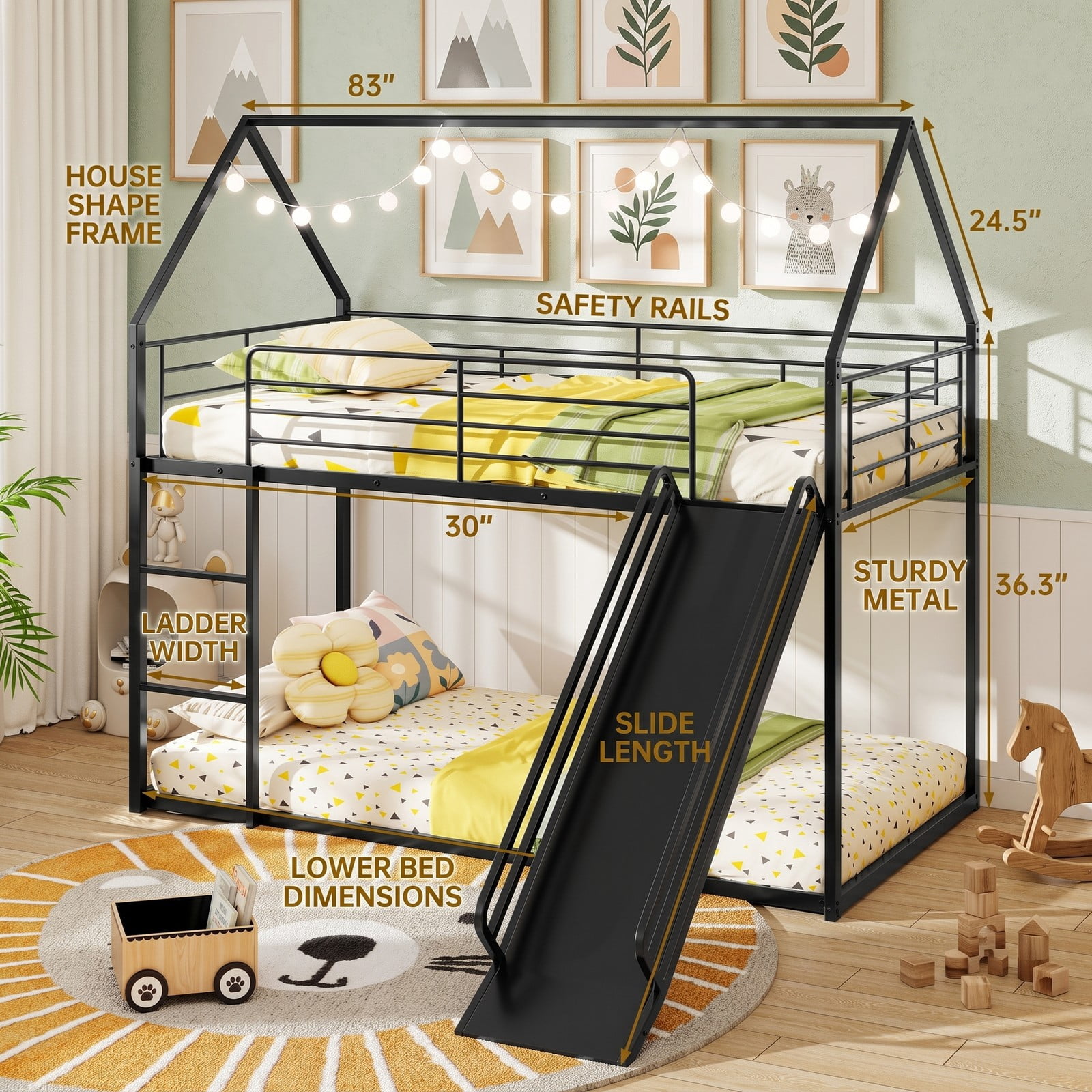 Furnibear House-shaped Twin Over Twin Metal Low Bunk Bed with Slide Ladder and Full-length Guardrails for Kids Rooms, Black