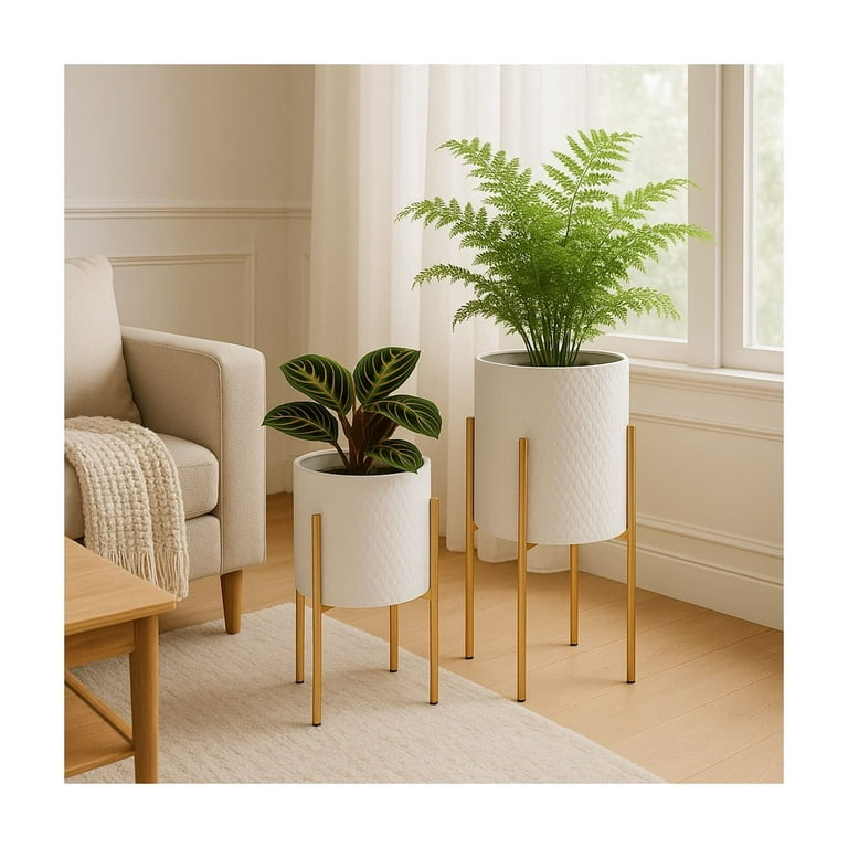 Sagebrook Home | Textured Planter On Metal Stand White/Gold (Set of 2)