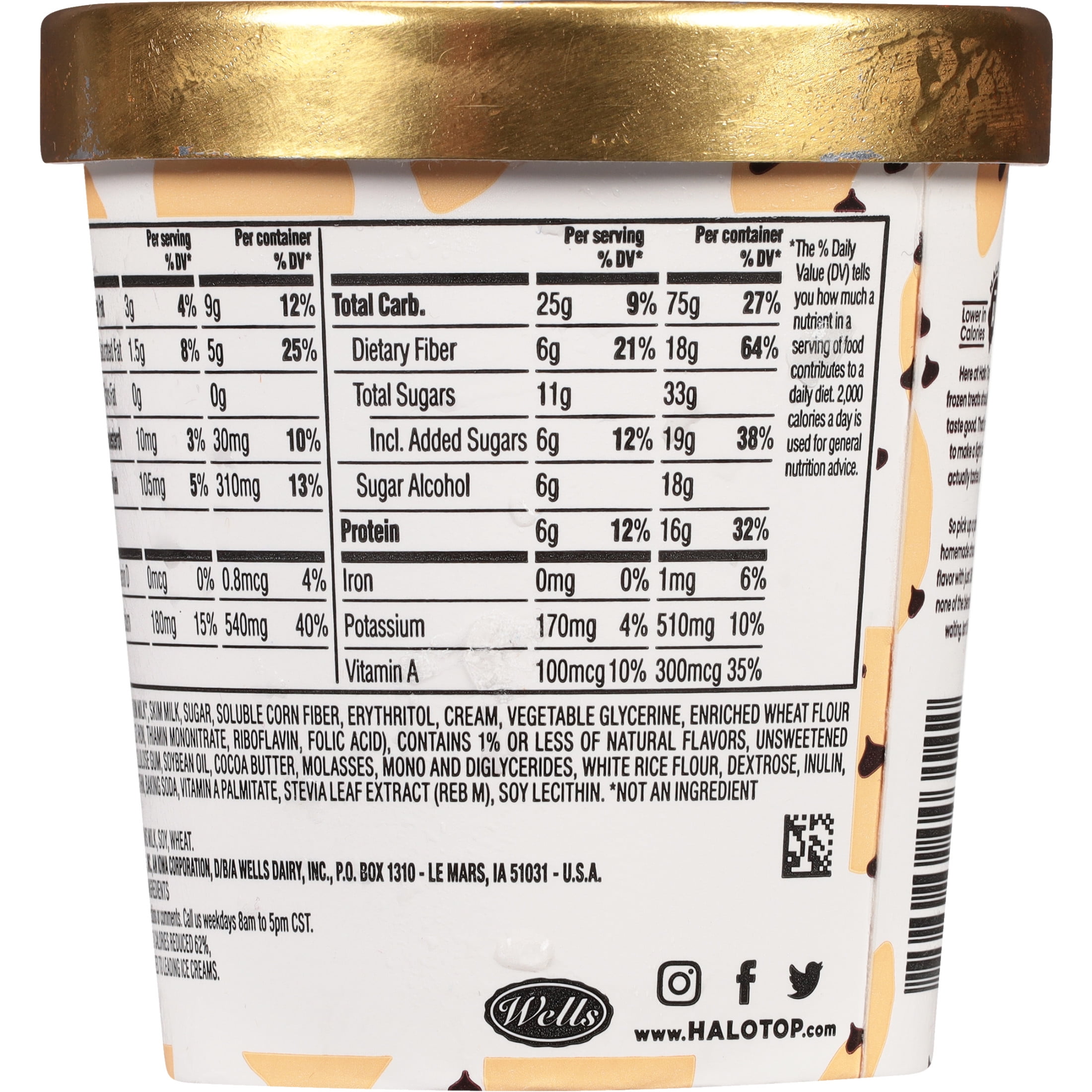 Halo Top Chocolate Chip Cookie Dough Light Ice Cream, With a Good Source of Protein, Lower Calorie Frozen Dessert, 16 fl oz Pint