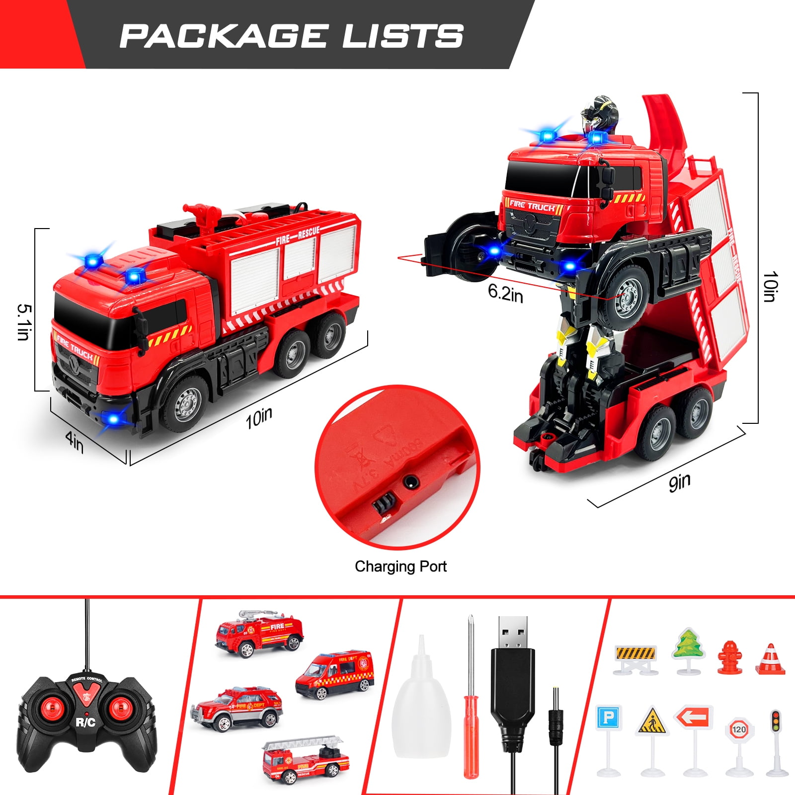 Konijiwa Remote Control Fire Truck with Real Water Spray, Transforming RC Car with LED Lights & Sound for Kids Ages 3-8
