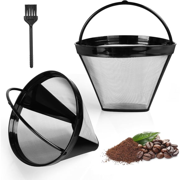 Reusable Coffee Filter, 2pcs Size 4 Filters with Brush, Permanent Coffee Filter with Handle, Cone Style Coffee Filters with Washable Mesh Basket for Coffee Machines, Silver