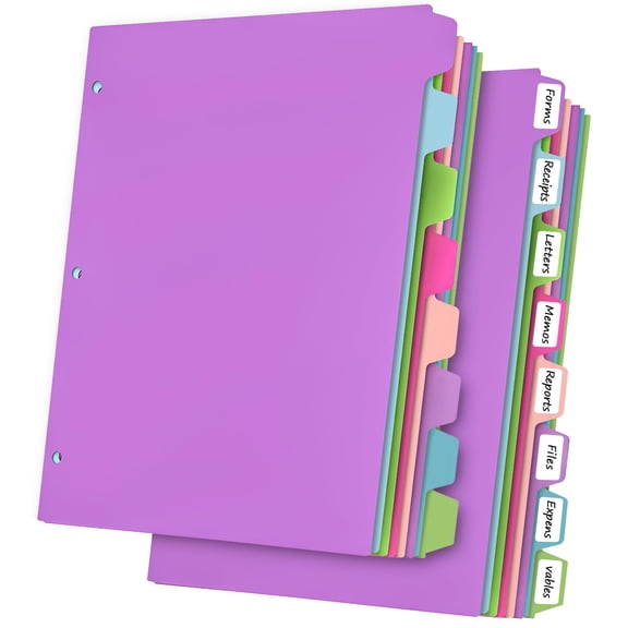 16 Pcs Tab Dividers for 3 Ring Binder, 8 Colors Plastic Sheet Protectors, Letter Size Page Dividers for Office Organization, Multicolor