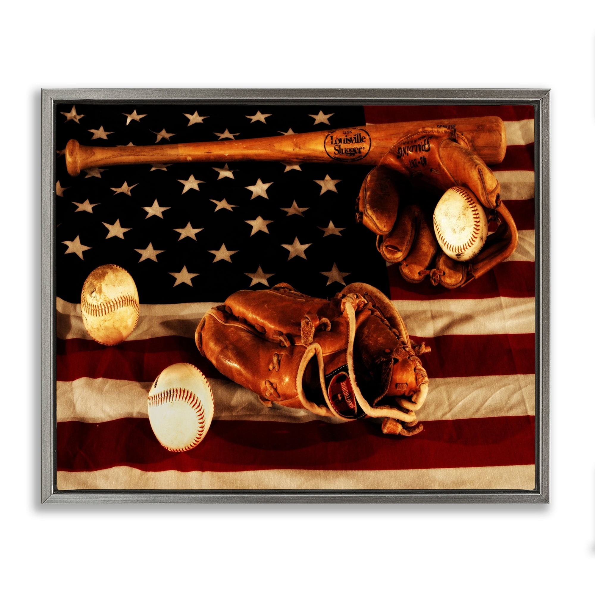 Stupell Industries Vintage American Flag Baseball Sports Rustic Photo Luster Gray Framed Floating Canvas Wall Art, 16x20, by Daniel Sproul