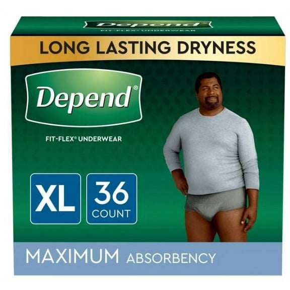 Depend Fit-Flex Men's Maximum Adult Incontinence Underwear, XL, Grey, 36 Count