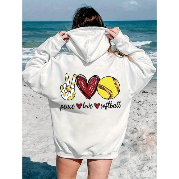 Women'S Softball Hoodie - With Peace Love Softball Text, Hearts & Softball Graphic - Casual Hooded Sweatshirt With Front Pocket - Perfect Gift For Softball Enthusiasts, Fan Merchandise, Playful Desig