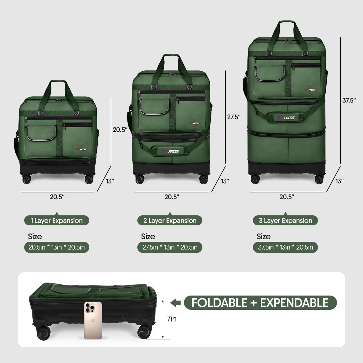 36″ Expandable Foldable Suitcase Bag Large Collapsible Rolling Luggage Bag for Storage, Moving & Abroad Travel, Green, JM