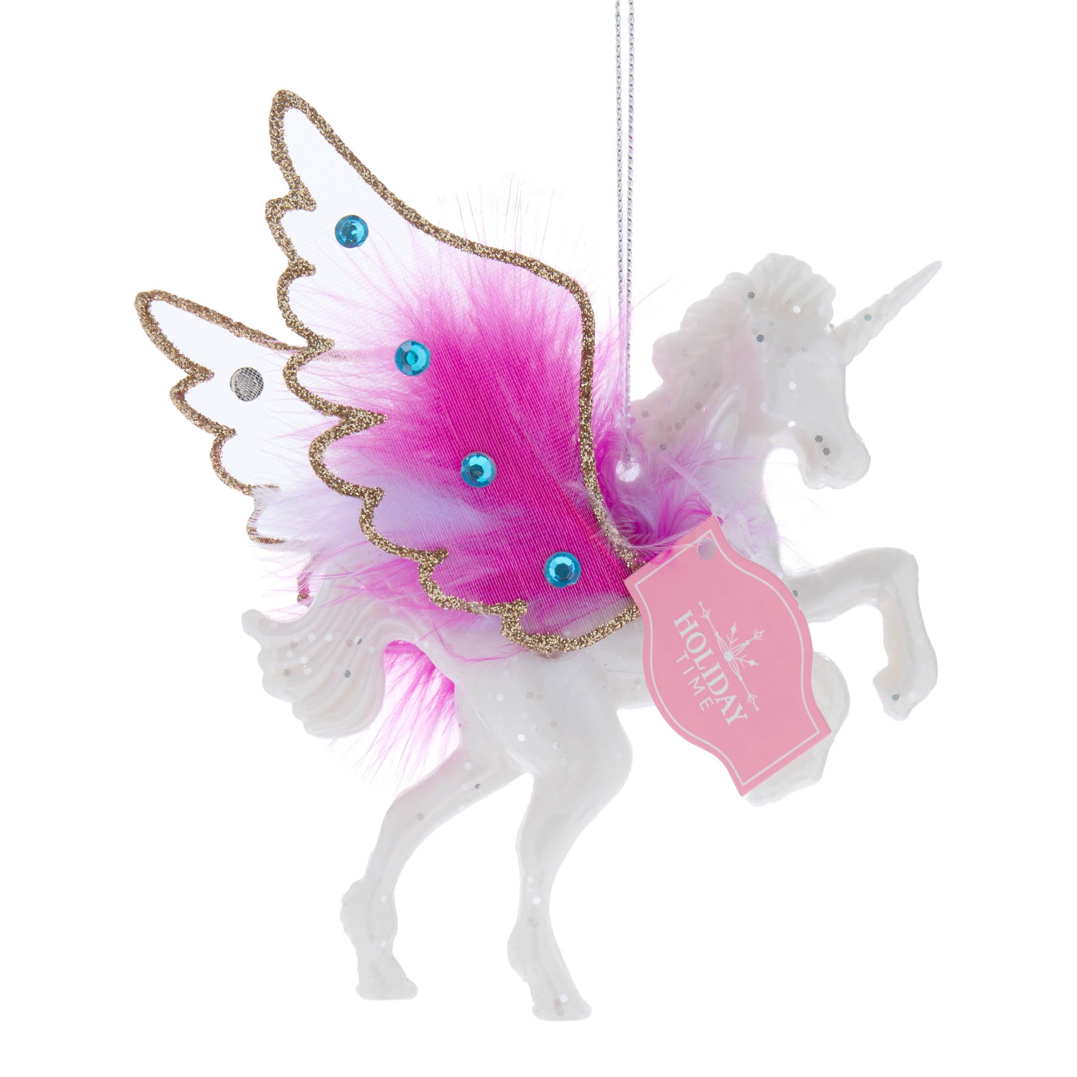 Pearl White/Pink/Gold Flying Unicorn with Fluffy Wings Christmas Ornament, 5.5", by Holiday Time