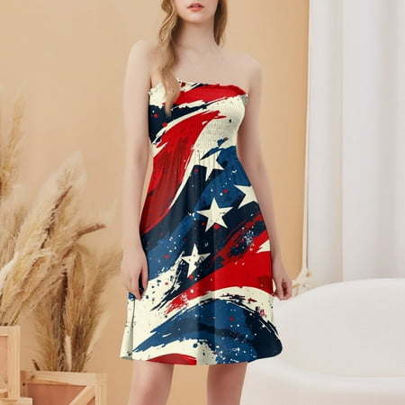CHCNHAC Independence Day Beach Dresses for Women Red White and Blue Graphic Dresses Patriotic Flattering Flowy Swing Strapless Vacation Dress Vermilion 2XL