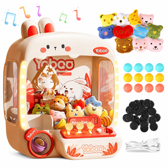 Carsky Bunny Claw Machine with Lights and Music, Mini Arcade Grabber Game with 10 Plush Prizes, 10 Color Balls, 24 Coins, USB Cable, Desktop Carnival Prize Machine
