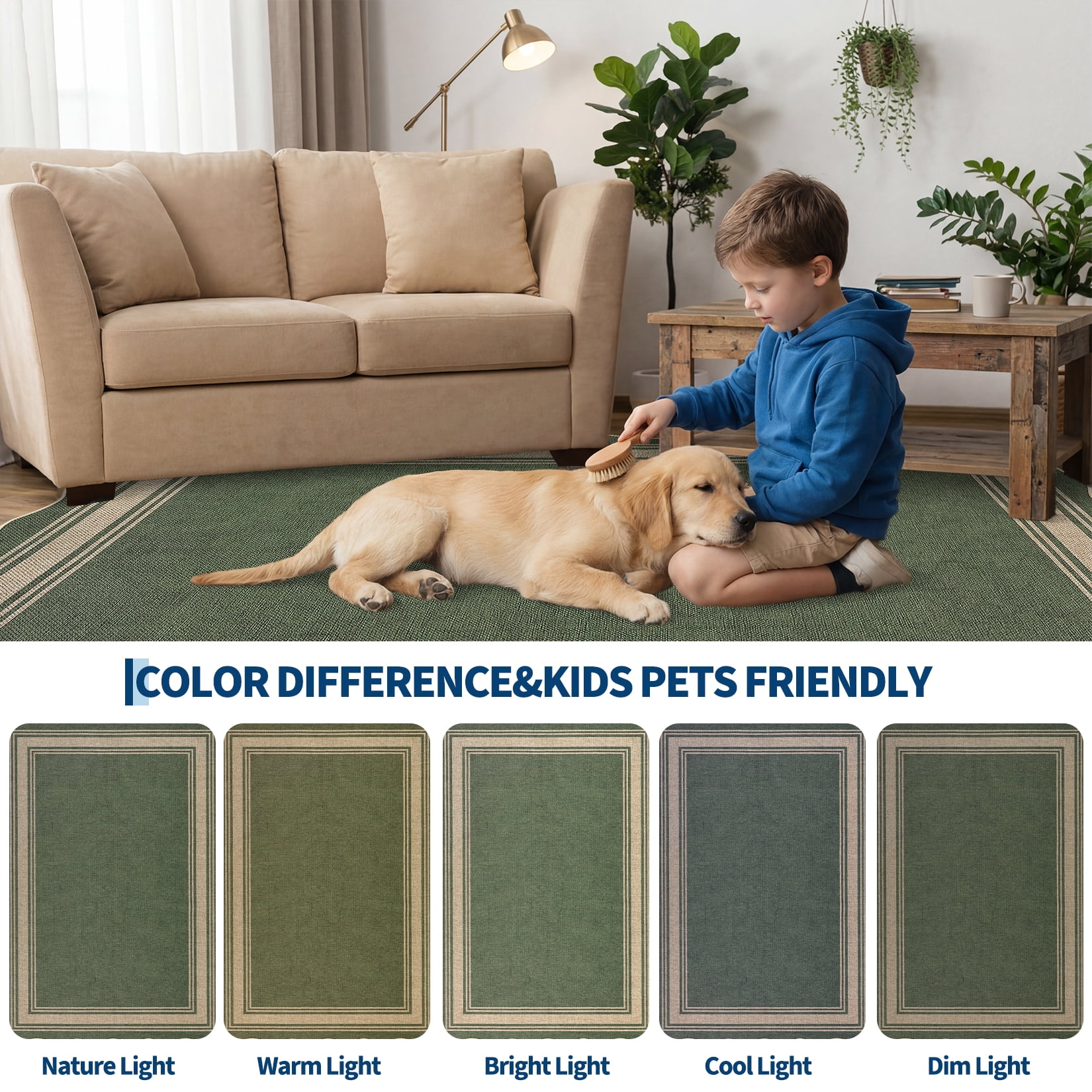 Garvee 2'x6' Scalloped Washable Indoor Outdoor Rug Natural Jute Carpet, Non Slip Low Pile Rug for Patio, Living Room, Bedroom, Home Decor, Green