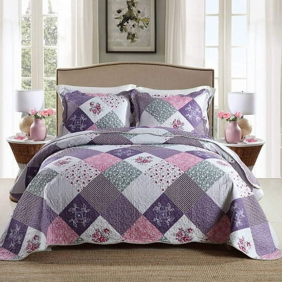HoneiLife Quilt Set Twin Size - 2 Piece Microfiber Quilts Reversible Bedspreads Patchwork Coverlets Floral Bedding Set All Season Quilts with Geometric and Little Rose Print Pattern