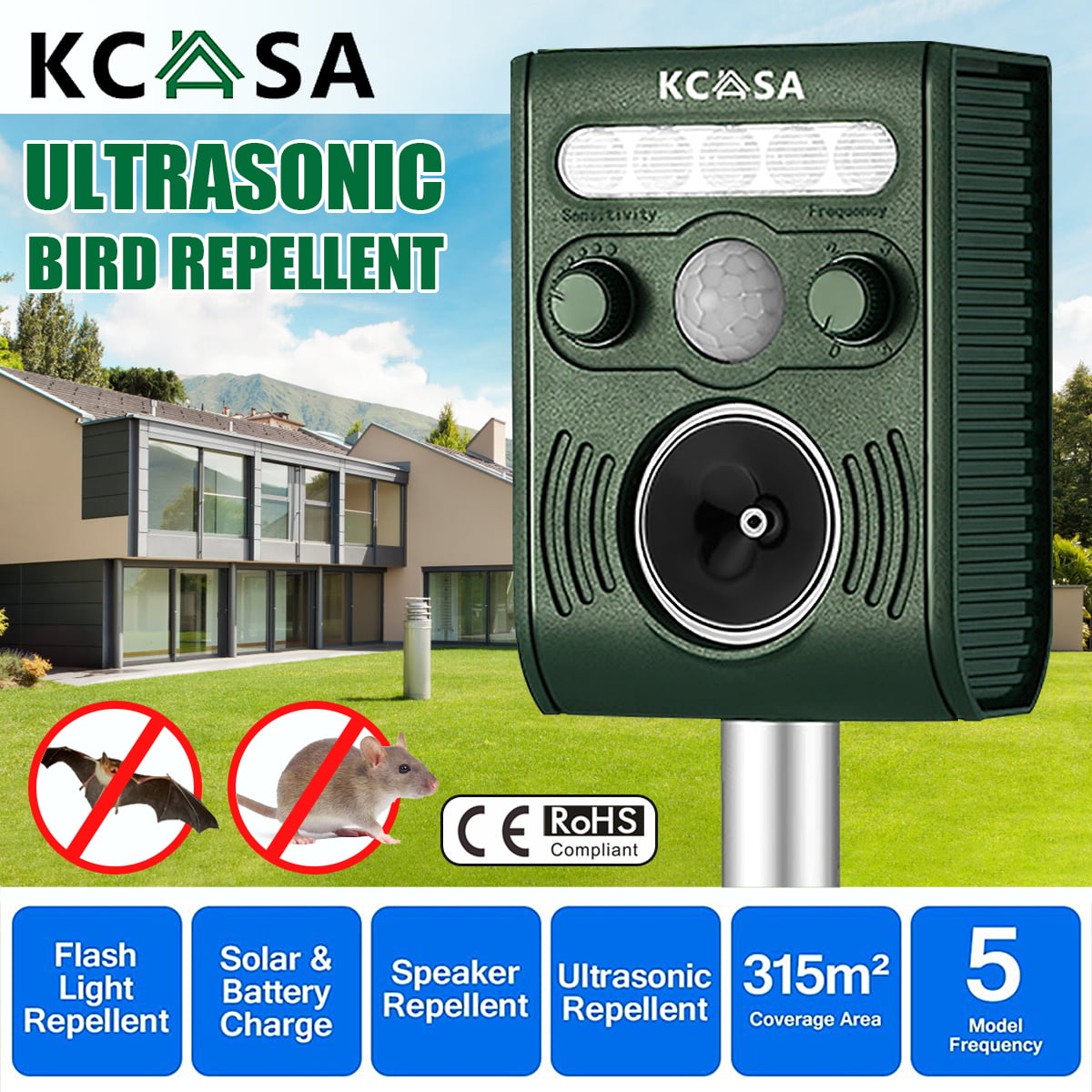 KCASA Solar Ultrasonic Power Pest Animal Repeller Repellent Garden Cat   L+ 