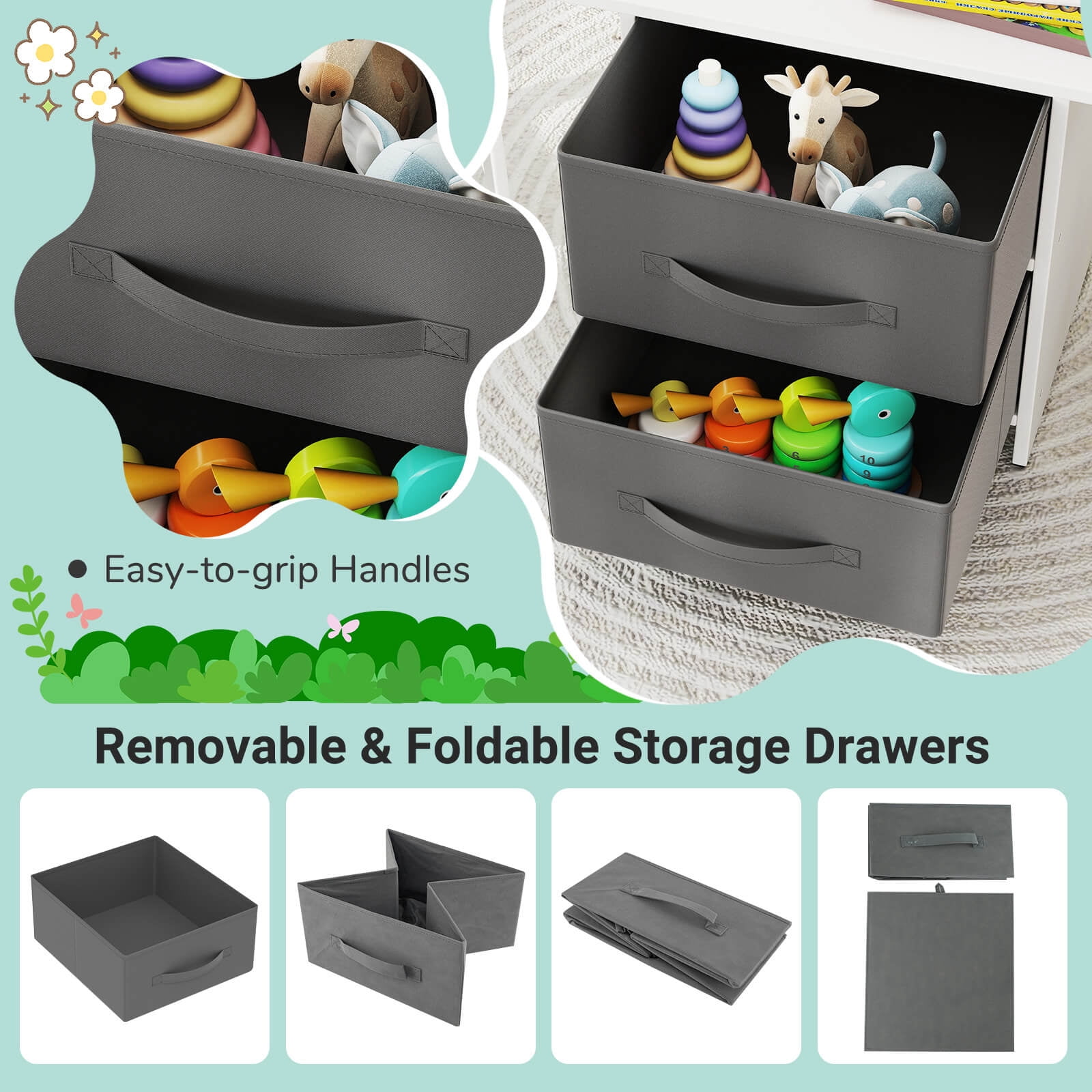 Costway Babyjoy Kids Art Play Wood 2-Piece Chair and Storage Activity Table Set, Grey/White