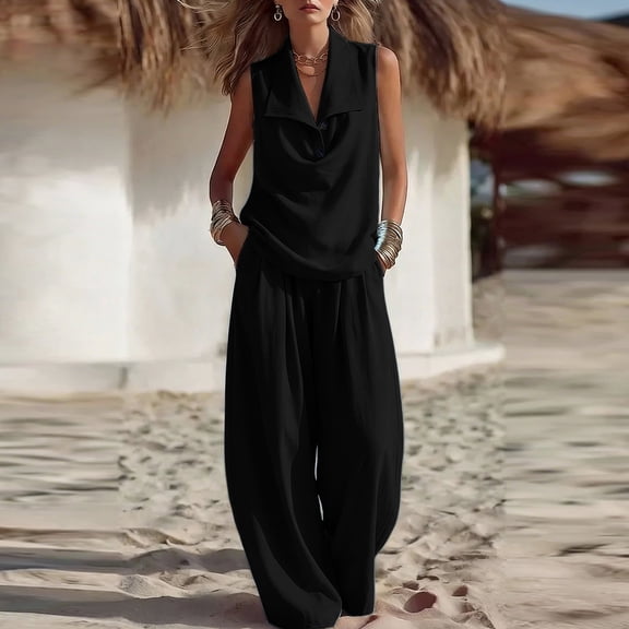YYV Two Piece Sets for Women Summer Casual Two Piece Set Lapel Top and Wide Leg Pants Lounge Outfit Black XL
