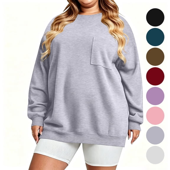 Women's Plus Size Crewneck Sweatshirt Oversized Long Sleeve Pullover with Chest Pocket Casual Fleece Top for Fall Winter Daily Wear
