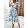 thumbnail image 4 of Women Sundress Summer Floral Short Sleeve Wrap V Neck A-Line Midi Dress Green M, 4 of 8