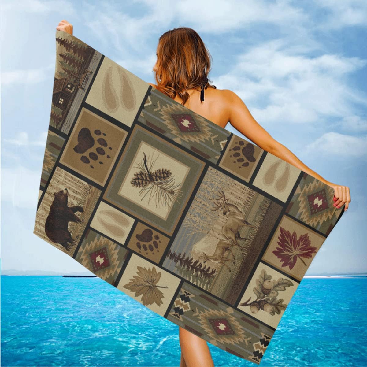 Retro Rustic Beach Towel, Moose Deer Bear Leaf Tree Country Style Farmhouse Microfiber Ultra Soft Quick Dry Highly Absorbent Bath Towels for Beach Party Outdoor Travel Swim Pool Yoga 33x52 Inch