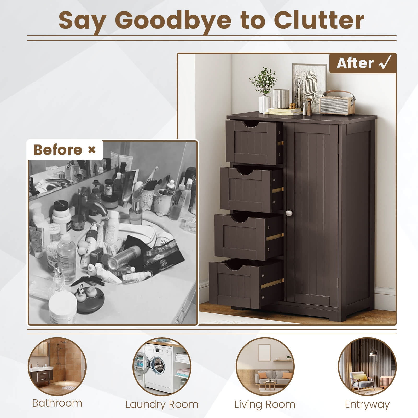 Costway 4-drawer MDF Board Free Standing Storage Cabinet with 2 Shelves in Brown