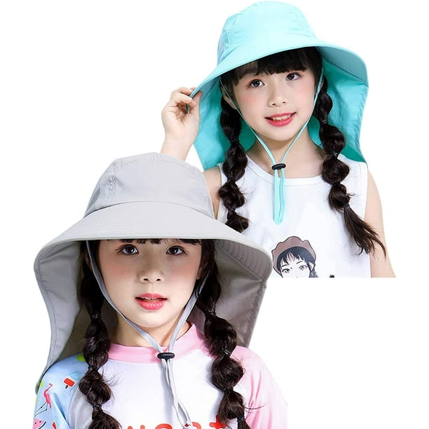 2-Pack Kids Girls Boys Beach Sun Hats Uv Protection Summer Fishing Bucket  Hat With String Neck Flap Cover 