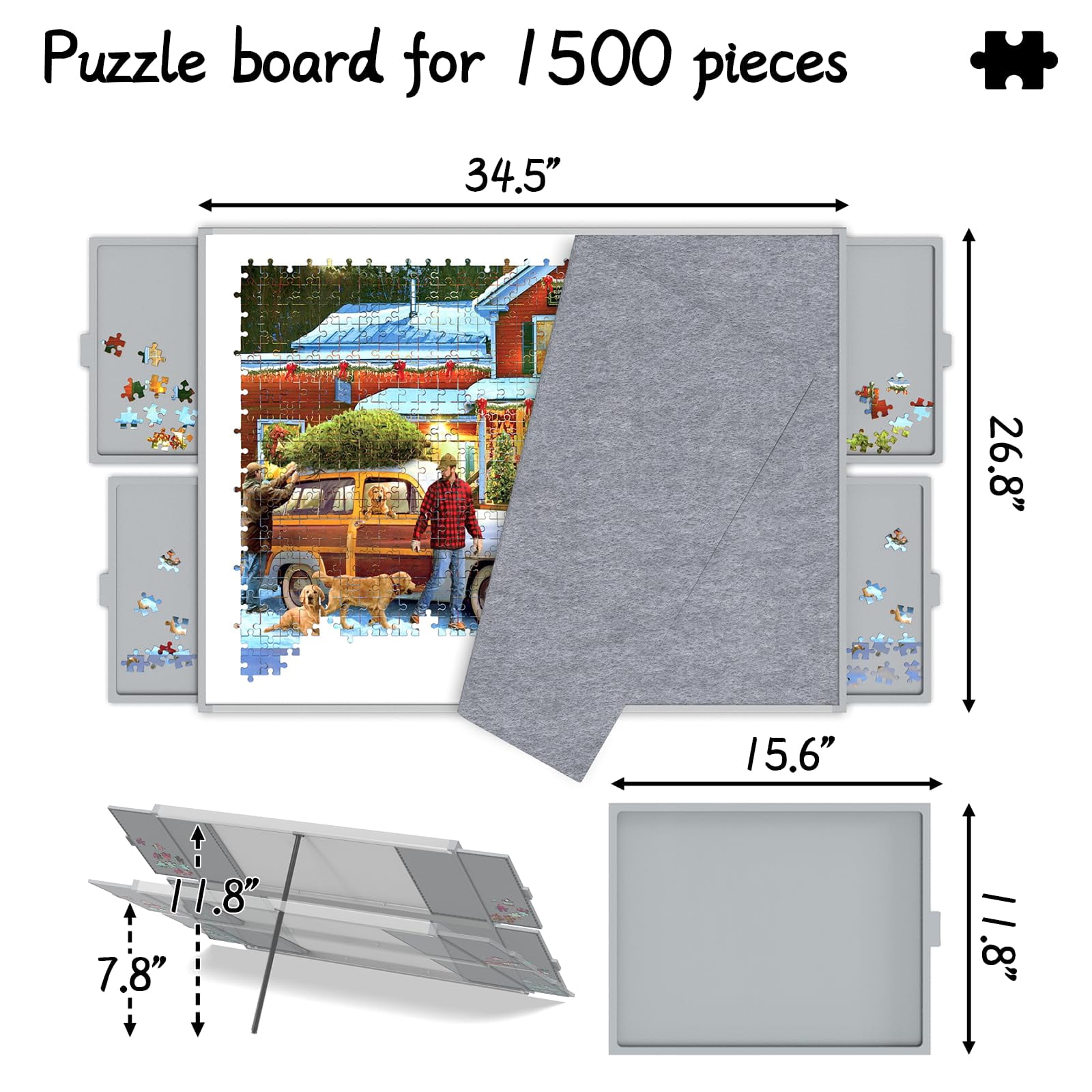 Puzzle Board 1500 Pieces, Portable Jigsaw Puzzle Tables for Adults with Drawers, Jigsaw Table with with Adjustable Tilting Stand