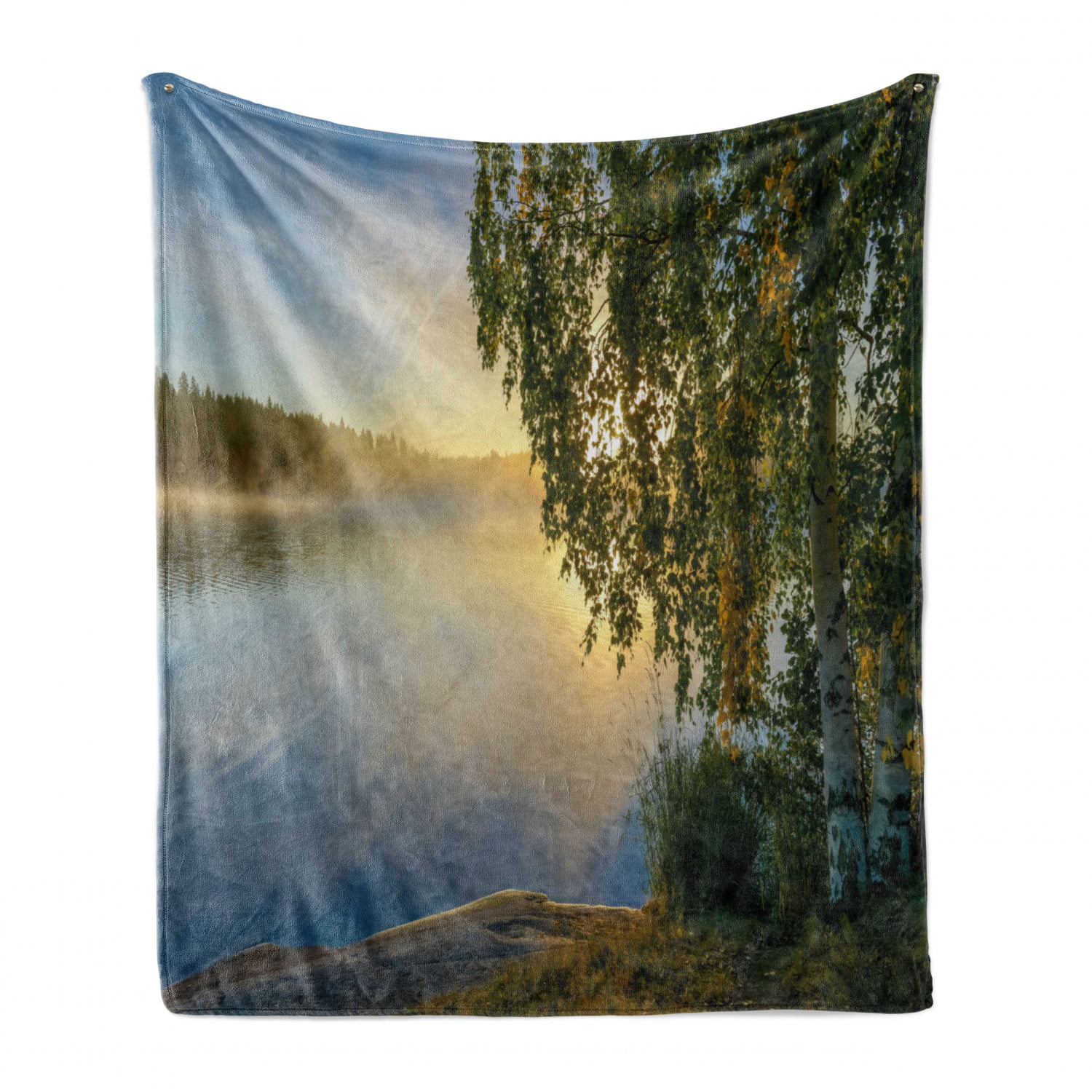 Ambesonne Nature Soft Flannel Fleece Throw Blanket Sunny Day by Misty Lake Tree Summer Season Horizon August Landscape 70 x 90 Cozy Plush for Indoor and Outdoor Use Fern Green Pale Blue 