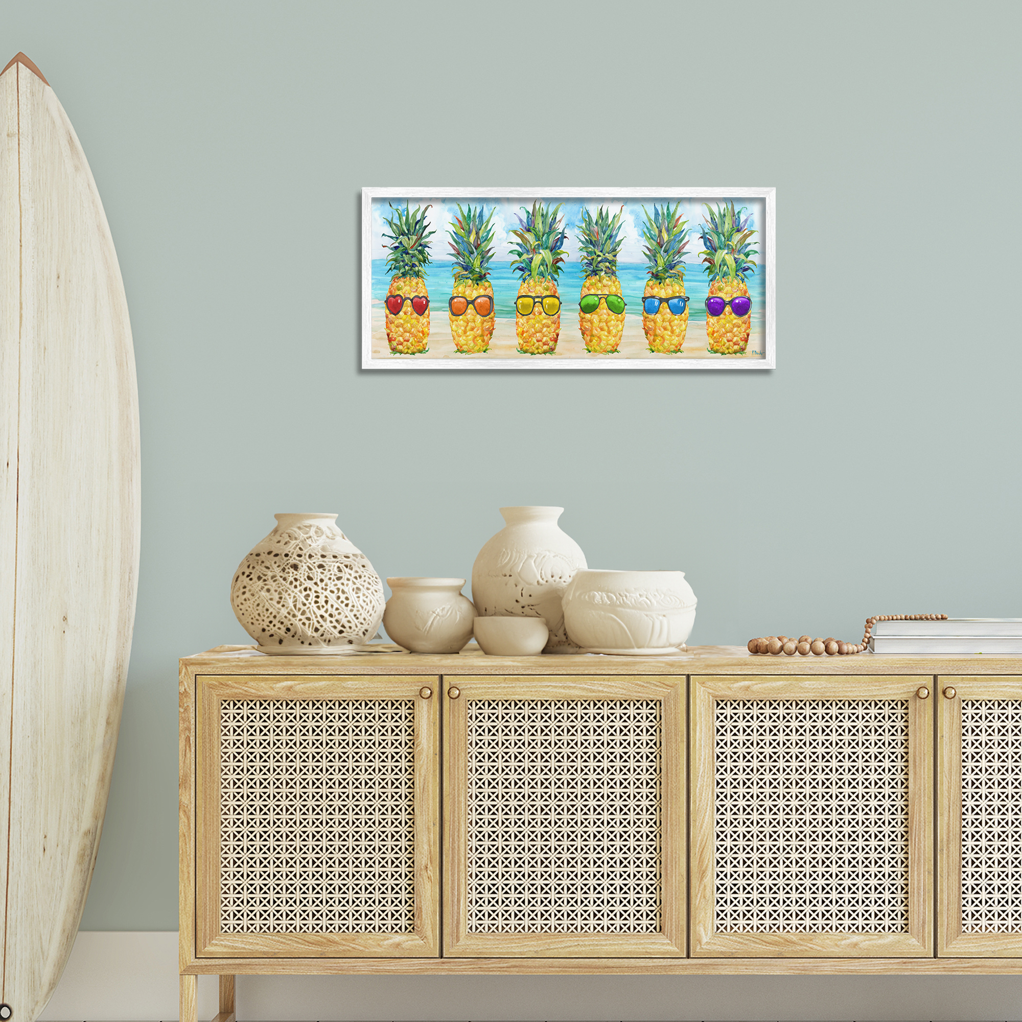 Stupell Industries Rainbow Beach Pineapples Food & Beverage Painting White Framed Art Print Wall Art, 30 x 13