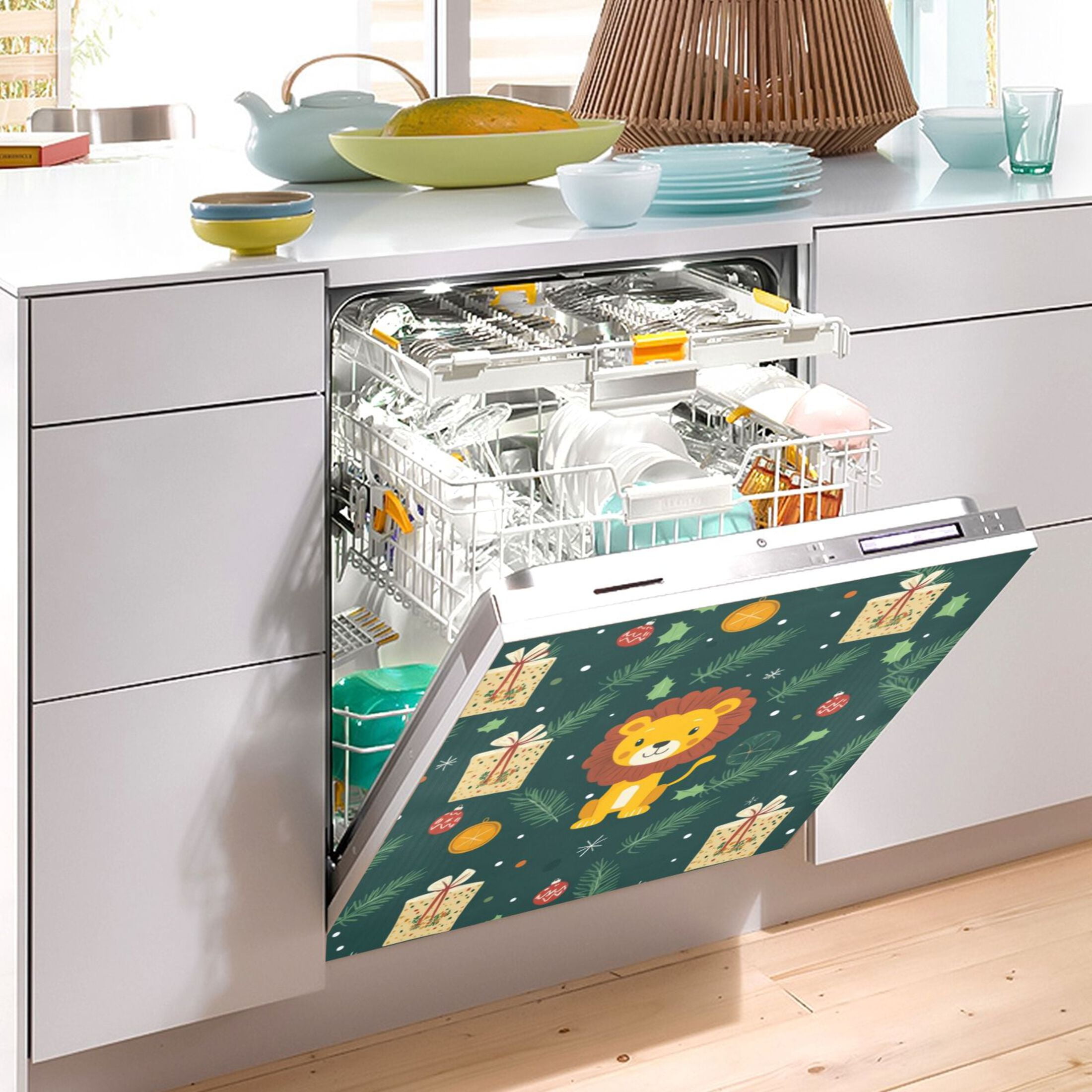 Dishwasher Magnetic Sticker 23x26 Inch Refrigerator Magnetic Sticker Washing Machine Magnetic Sticker Kitchen Panel Magnetic Sticker Home Decor Christmas Lions and Presents