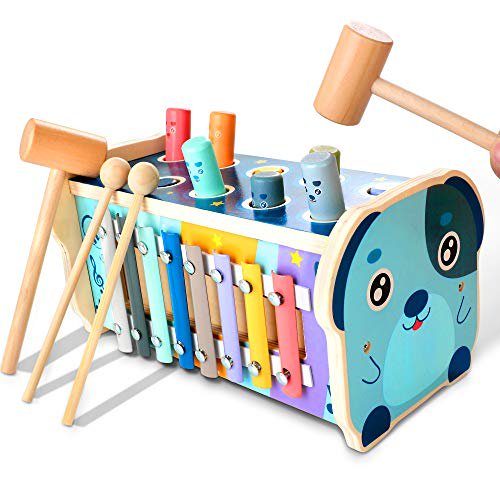 KIDWILL Wooden Hammering Pounding Toy, Pounding Bench, Number Sorting Maze, Xylophone Musical Toy, 3 in 1,Educational Toy, Christmas Birthday Gift for 1 2 3 4 Year Old Baby Toddler Boy Girl