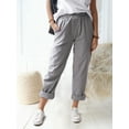 thumbnail image 3 of Women's High Waisted Casual Pants Cotton Linen Straight Pant Elastic Waist Loose Comfy Trousers with Pockets, 3 of 7