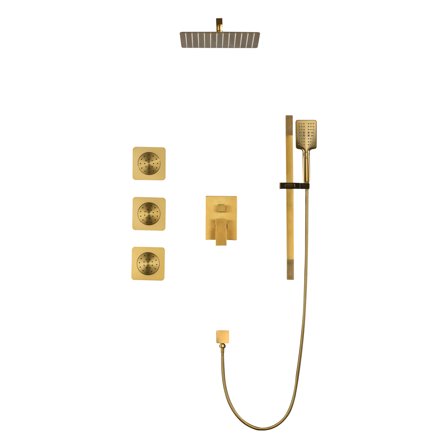 JERFIT Luxury Gold Rain Shower System Set: 8" Rainfall Showerhead, Handheld Spray, 3-Way Diverter Valve with Lever Handle, 4 Body Jets, Adjustable Slide Bar for Modern Bathroom