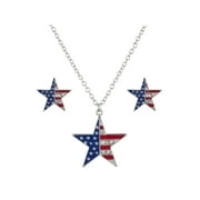 Lux Accessories Silver Tone American Flag Stars Chain Necklace Stud Earrings