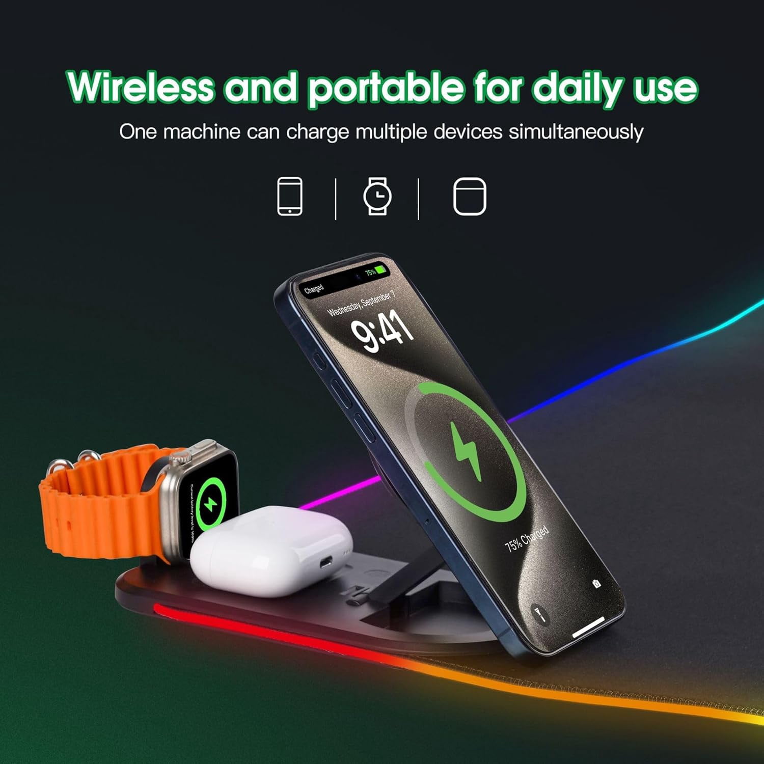 Wireless Charging Mouse Pad, RGB Gaming Desk Mat XXL with Magnetic Wireless Charging Phone Holder for Phone&iWatch&Airpods, Non-Slip Base,15 Lights Colors, Computer Keyboard Mat for MacBook,PC,Laptop