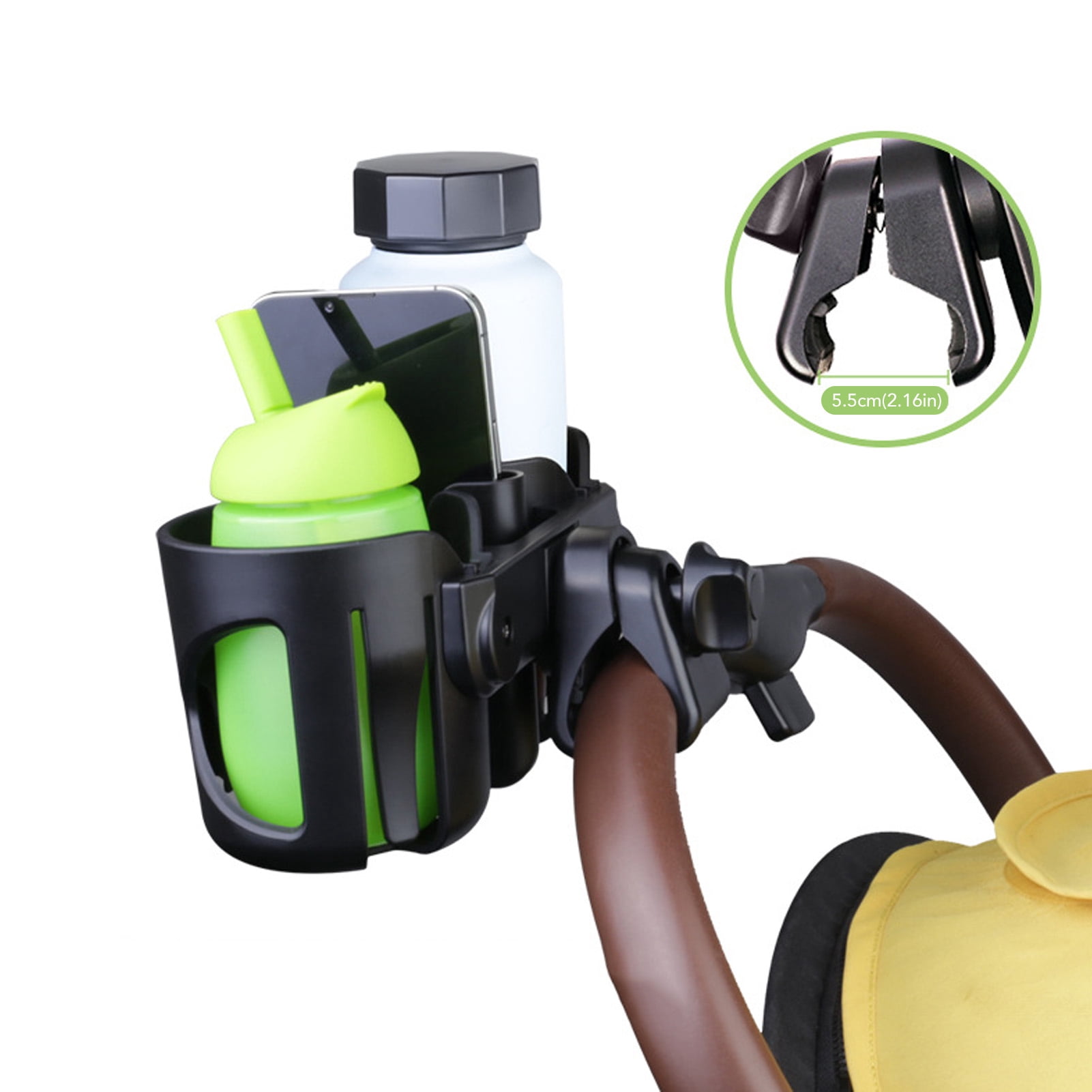 NFTIGB 3 in 1 Universal Stroller Cup Holder with Phone Holder, 360 Degree Rotatable Drink Carrier Organizer for Wheelchair, Walker, Grocery Cart, Black, 8.5 x 4 inches (21.5 x 10.2 cm)