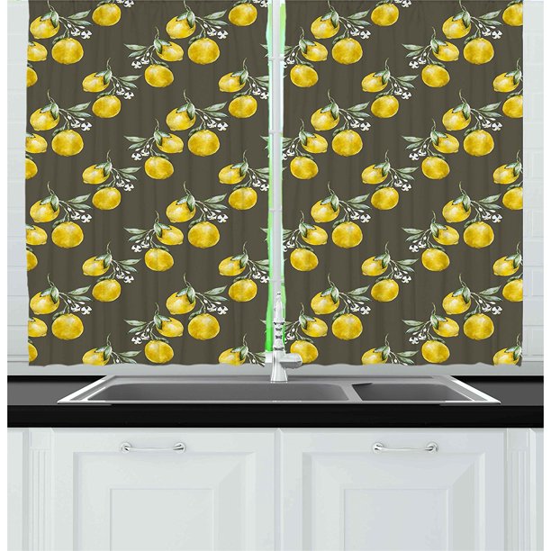 Floral Kitchen Curtains by , Lemon Branches with Petals Growth Essence Nature Themed Artsy Print