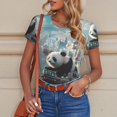 thumbnail image 4 of KLL Women 's Crew Neck Bodysuit Jumpsuits Panda In Futuristic City Print Short onesies Stretch T Shirts, 4 of 5