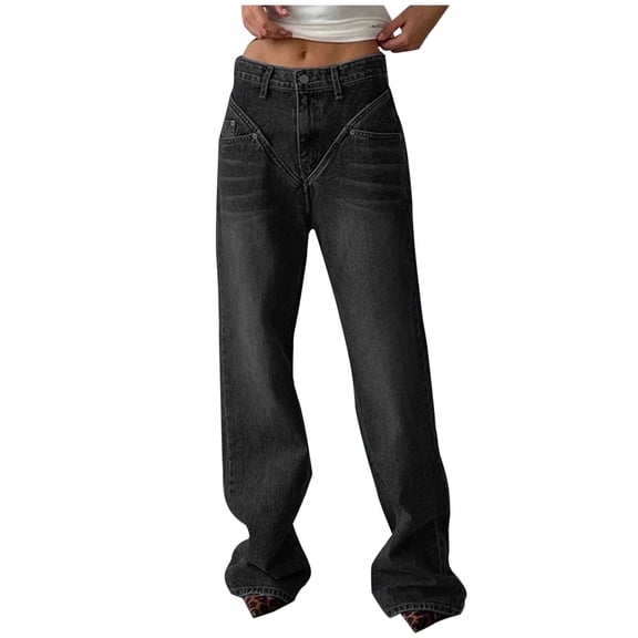 WREESH Womens Jeans Fashion High Waisted Street Trendsetters Denim Pants V-Waist Straight Tube Lrregular Buckle Design Loose Stitching Slimming Effect Dark Gray