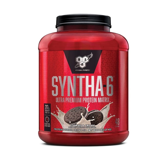 proteína bsn syntha 6 galletas con crema (bote 5 lb) bsn fitness town 1048106 bote rojo de frente con tapa negra, etiqueta SYNTHA-6 y logotipo BSN, ilustración de galletas con crema y salpicadura de leche; indica 22 g de proteína, 44 porciones y cont. 2.27 kg, apto para preparar batidos.